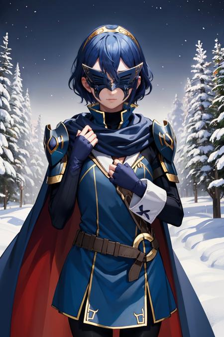 masterpiece, best quality,  <lora:lucina-nvwls-v2:0.9> defLucy, tiara, cape, blue scarf, blue coat, shoulder armor, long sleeves, cuffs, belt, fingerless gloves, black pantyhose, covered eyes, mask, short hair, upper body, looking at viewer, hand on own chest, alpine forest, snow, night