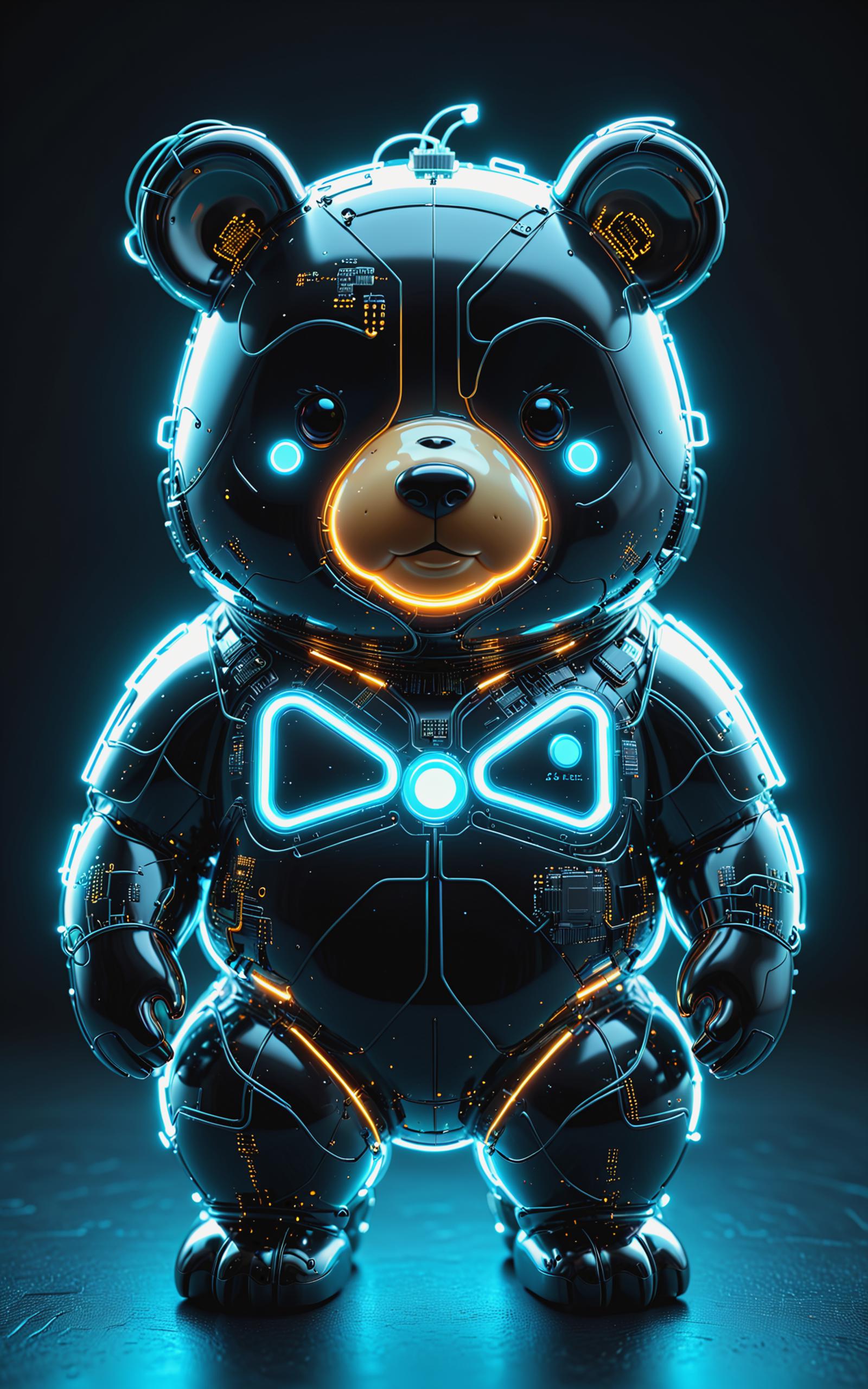 A futuristic robot teddy bear with a bow tie and blue lights.