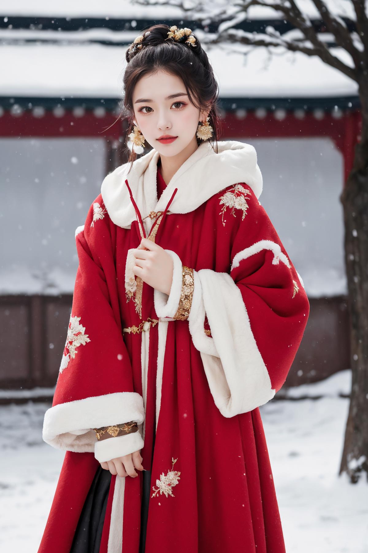 A woman wearing a red and white coat in the snow.