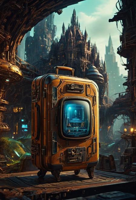 Visualize a futuristic suitcase, symbolizing online community in the style of incorporate elements that evoke a sense of building with a large spaceship complex,  concept art by Igor Kieryluk, gothic art,  fantastical, film photography style, heavy grain