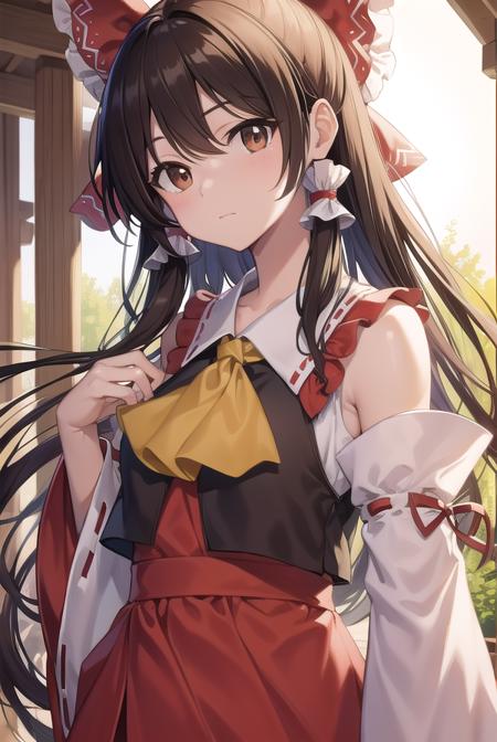 reimu hakurei, (brown eyes:1.5), brown hair, bow, hair bow, hair tubes, long hair, red bow, sidelocks, ascot, bare shoulders, black footwear, detached sleeves, embellished costume, frills, japanese clothes, nontraditional miko, red skirt, sandals, sarashi, skirt, socks, white sleeves, white socks, wide sleeves, yellow ascot, zouri,