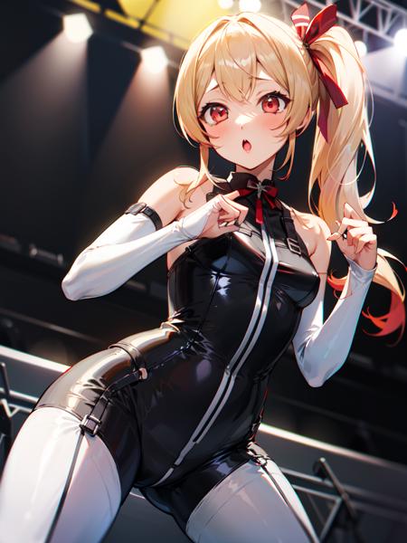 otonose_kanade, hololive, 1girl, solo,
blonde_hair, long_hair, red_eyes, side_ponytail,
cute,
looking_at_viewer, :o,
bodysuit,
stage, stage_lights, stage_curtains,