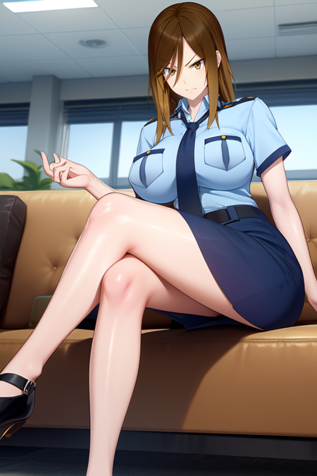 Date Makiko, tsurime, brown eyes, brown hair, two-tone hair, v-shaped_eyebrows, indoors, office interior, glaring, upper body, sitting, couch, Date Makiko, policewoman, police uniform, blue necktie, blue shirt, breast pocket, short sleeves, blue miniskirt, tsurime, brown eyes, brown hair, two-tone hair, belt, bare legs, v-shaped_eyebrows, black shoes, large breasts, nice hands, perfect hands, crossed legs