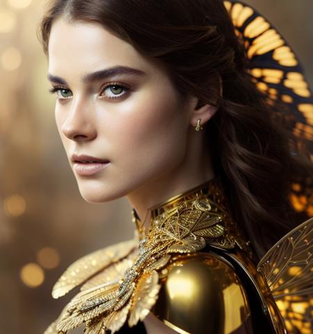 8k portrait of beautiful cyborg with brown hair, intricate, elegant, highly detailed, majestic, digital photography, art by artgerm and ruan jia and greg rutkowski surreal painting gold butterfly filigree, broken glass, (masterpiece, sidelighting, finely detailed beautiful eyes: 1.2), hdr