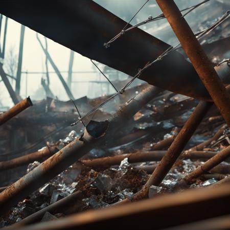 cinematic captivating photo of las040 rubble, rusted metal pipes, wires, broken glass, bokeh, ultra wide shot from above and angled from the side, off center, 4k, uhd, soft low light, dark sky, foggy, sun rays