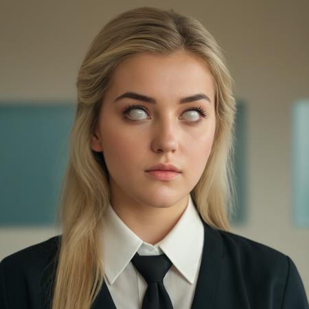 cinematic film still of <lora:white sclera:1>  glowing white sclera eyes
a white eyes woman with a tie and a white shirt,1girl,solo,long hair,looking at viewe,blonde hair,shirt,closed mouth,collared shirt,blurry,lips,blurry background,portrait,realistic,nose,white eyes,no pupils white sclera, white eyes, bright eyes, hollow eyes, empty eyes, blind eyes, shallow depth of field, vignette, highly detailed, high budget, bokeh, cinemascope, moody, epic, gorgeous, film grain, grainy