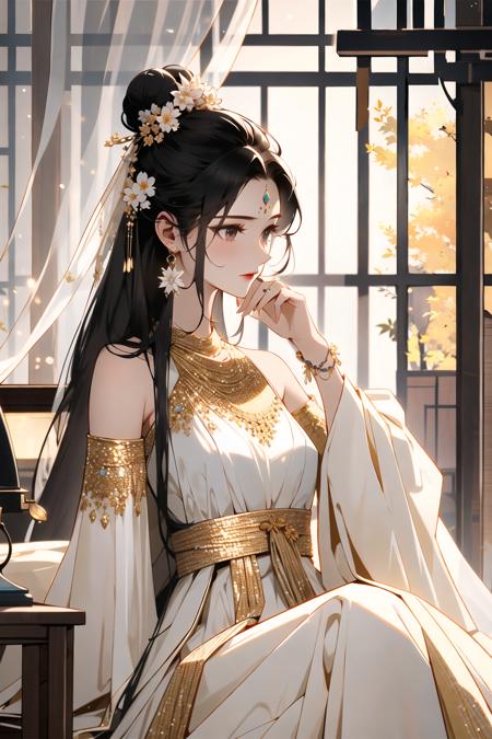 masterpiece,(masterpiece, top quality, best quality),1girl,hair ornament,long hair,dress,window,solo,curtains,jewelry,black hair,lantern,sitting,instrument,indoors,chinese clothes,earrings,brown hair,upper body,forehead mark,bare shoulders,hair bun,