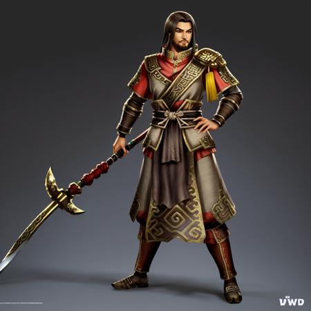 anime, ((full body view of lumeng)), (((dw8outfit))), (((holding a pike))), dark brown hair, small goatee beard, hazel eyes, 8k, Unreal Engine 5, octane render, by seunghee lee, Jang Tae-Hwan, Chocofing R, seungho lee, smooth soft skin, big dreamy eyes, beautiful intricate colored hair, symmetrical, anime wide eyes, soft lighting, concept art, digital painting, detailed face, <lora:lumeng:0.4>