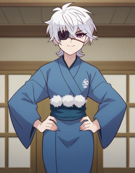 <lora:oboro-shintou-s1-ponyxl-lora-nochekaiser:1>, oboro shintou, purple eyes, white hair, eyepatch, japanese clothes, kimono, blue kimono, haori,