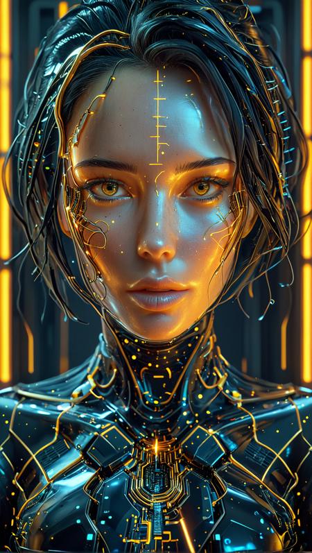 closeup centered shot selfie of an attractive android woman with gold and silver piping, jetblack hair, black hole inspired, midnight stars background, cosmic, colorful, qu4ntum, glowneon, glowing, sparks, circuitboard, dark futuristic <lora:Qu4ntumPunk_04XL:1>  <lora:spo_sdxl_10ep_4k-data_lora_webui:1> <lora:glowneon_xl_v1:1>  <lora:Dark_Futuristic_Circuit_Boards:1>