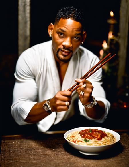 very dark focused flash photo of extremely handsome Will Smith holding chopsticks with a bowl of spaghetti in the dark <lora:sdxl_darkflash_v4-000021:0.9>