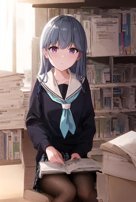 masterpiece, best quality, ultra-detailed, illustration, <lora:ShimaRin:1>, blue hair, bangs, Long hair, detailed purple eyes, long_sleeves, white school_uniform, serafuku, yellow sweater, neckerchief, skirt, black pantyhose, looking at viewer, library, sitting on a chair behind desk, dramatic shadows, organized bookshelf, detailed plaid skirt, white serasuku sailortie, library, book in hand, page