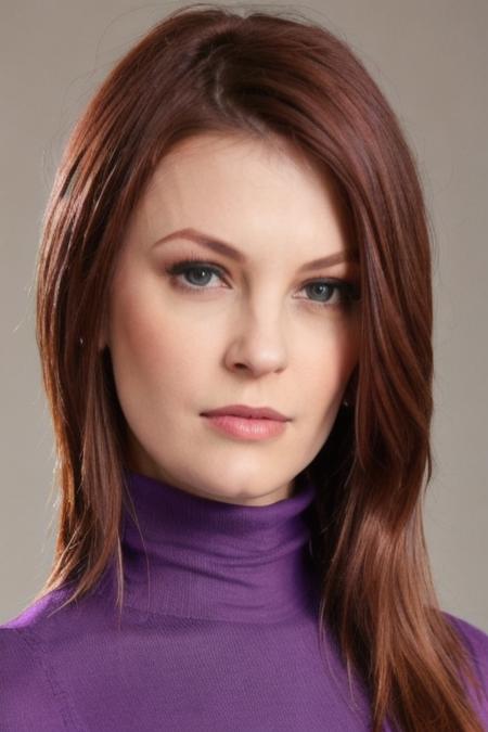 Photo of br33d4n13ls woman, detailed face, purple turtleneck blouse