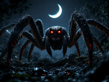 Close up  shoot of a giant  wolf spider  dramatic light . Night scene . Ultra details.