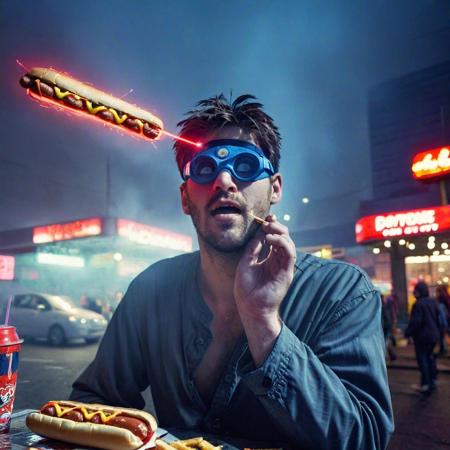 A stunning impactful action documentary photograph ,the drug addicted Cyclops is shooting lasers from his eyes destroying a hotdog-stand. cheap store bought, poorly made superhero costume. foggy, neon lit, dark futuristic dystopian street.  cinematic still, Leica M3, Kodachrome, 28mm lens, 1970s street photography, 
badquality, low quality, Movie Still, Film Still, Cinematic, Cinematic Shot, Cinematic Lighting
