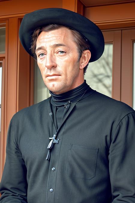 a man in a black pilgrims suit, standing on the porch, in the midwest, americana, upper body, close up, raw, [smiling:0.8], 8k uhd <lora:robertMitchum:1>