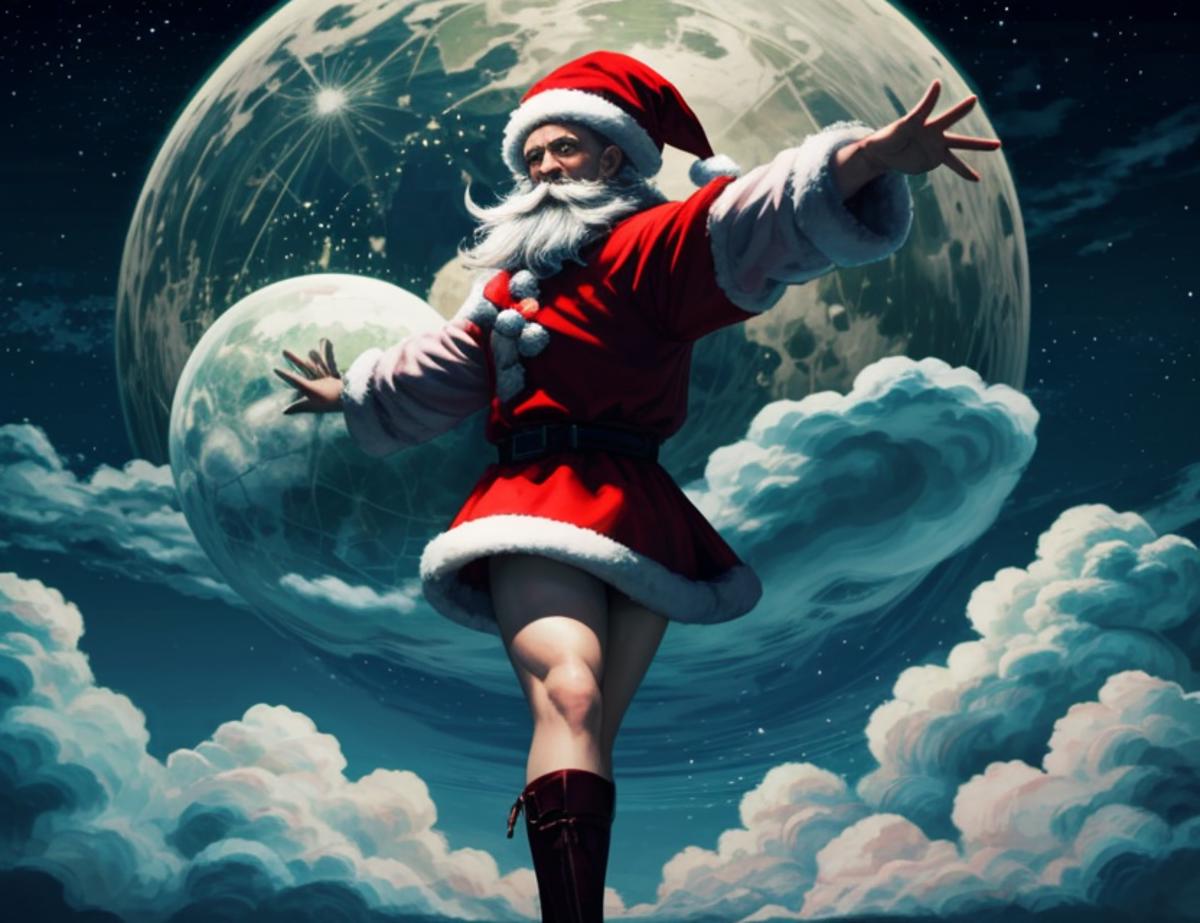 Artistic Illustration of Santa Claus in a Christmas Dress with a Moon in the Background