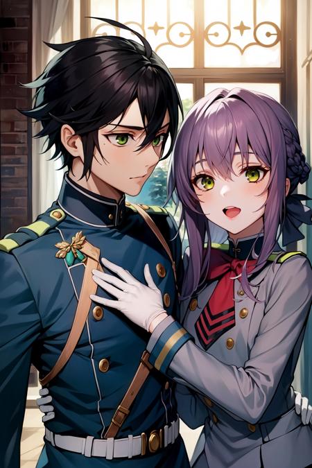 hiiragi shinoa, 1girl, military uniform, purple hair, hair bow, gloves, skirt, thighhighs hyakuya yuuichirou, 1boy, black hair, military uniform, white gloves