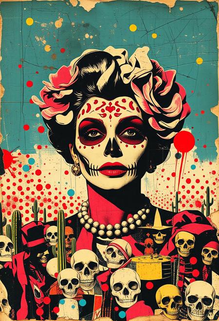 style of Butcher Billy. A pop art style mixed media collage artwork. Deconstructed, provocative, surreal, intense and chaotic composition. Street art textures, overlapping layers and vibrant retro colours. ((No text))
A punk stencil photocopy print of a magazine image of a Day of the Dead 1950s pinup. Print errors, halftone dots. grungy print registration errors.
Overlaying this are multiple layers of Mexican imagery, hand-drawn shapes and patterns, bold paint splashes, and chaotic vintage magazine picture cutouts and clippings. Partially covering this, these break up the outline. Next are layered sections of repetitive brightly coloured dots are spraypainted in Yayoi Kusama style - smears and spray. 
Torn vintage holiday postcards of luchadors, cactus and sugar skulls are glued to the layers. These partially hide sections of the images below. On the top layer are rough hand-drawn shapes, abstract patterns and love hearts scrawled heavy-handedly in blue biro.