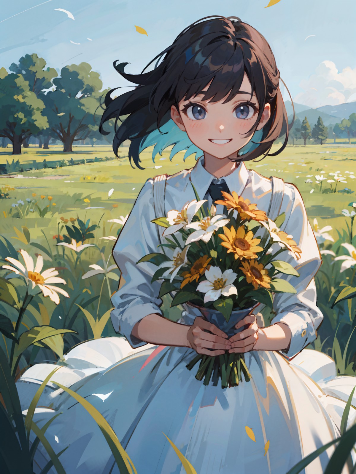 male focus, highres, meadow, colorful flower, 
BREAK, 1girl, solo, holding bouquet, smile, grin,