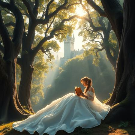 A beautiful princess sitting gracefully beneath towering ancient trees, reading a book in her lap. Sunlight filters through the dense forest canopy, casting soft golden rays on her flowing gown. In the distant background, a majestic and grand stone castle rises above the treetops, partially veiled by morning mist. The scene is tranquil, magical, and fairy tale-like, with rich natural colors, detailed textures, and a cinematic depth of field. High fantasy, ultra-detailed, 4K, storybook illustration.