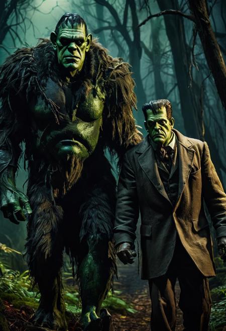Expressionism -Close up portrait of Frankenstein and Wolfman from movies , Scarecrow and Cowardly Lion from OZ walking arm in arm through a spooky forest, concept art, cinematic, hyper realistic, dark background, enhanced highlights in foreground