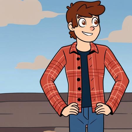 dipper, 1boy,solo,brown hair, short hair,male focus,brown eyes,red jacked,open jacked, blue pants