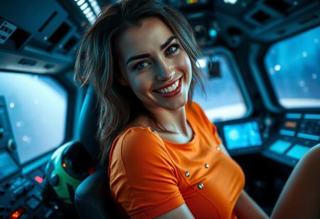 A close-up, high-definition portrait of a beautiful woman sitting and leaning towards the camera in the cockpit of a futuristic spacecraft, smiling warmly at the camera. Her face is softly illuminated by the glow of control panels and screens, casting subtle, colorful reflections of neon blues and greens across her features. She has an adventurous and confident expression, with a hint of excitement in her eyes. Her helmet rests nearby, and her sleek, tight fitting orange t-shirt accentuates her firm breasts, with intricate detailing and small lights integrated into the design. Behind her, the cockpit shows a variety of controls, screens, and digital displays with stars faintly visible through the main window, suggesting she’s in deep space. The lighting is soft but vibrant, creating a cinematic contrast that highlights both her features and the intricate tech details in the cockpit.