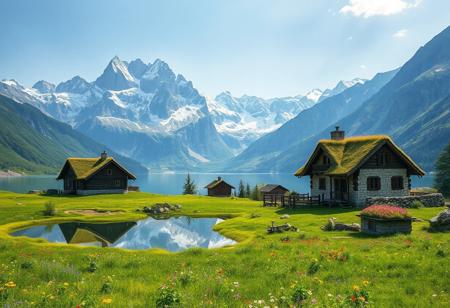 Ultra realism, high quality, high resolution 8K and above, stable and accurate focus, ultra correct anatomy, super detail. A beautiful mountain scene with tall snow-capped peaks reflected in a crystal clear lake. In the foreground are green meadows dotted with wild flowers of various colors. Included in the landscape are houses built of stone and wood, architecturally designed to blend in with nature. The roofs of the houses are covered with thick grass and flowers