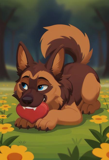 score_9, score_8_up, score_7_up, bokeh, flat colors, lineless, vector art, vector graphics, z0nkp4nch, cute, feral, male, canine, german shepherd, happy, fluffy, pounce position, butt up, laying on stomach, head lowered, flower field, holding heart in mouth, teeth,