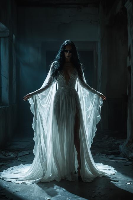 (HD, masterpiece, best quality, hyper detailed, ultra detailed, super realistic),A woman in an eerie, flowing white ghost costume poses dramatically in a dimly lit, abandoned building. Shadows dance across the cracked walls, illuminated by flickering candlelight scattered throughout the space. She sports bold black sunglasses, giving her an edgy vibe as her long hair flows freely around her shoulders. The skin-toned bodysuit beneath the costume accentuates her form, while the ghostly fabric drapes elegantly from her arms. With one arm raised high and the other extended slightly to the side, she embodies a spirit captured between realms. The ambiance is rich with tension, creating a captivating juxtaposition of beauty and eeriness in this hauntingly gorgeous setting., Movie Still, Film Still, Cinematic, Cinematic Shot, Cinematic Lighting, SDXL Sexy clothing collection, SDXL.lyco neg4all_bdsqlsz_xl_V91, SDXL Hands XL + SD 1.5 + FLUX.1-dev<lora:SDXL Juggernaut Cinematic XL LoRA.safetensors:0.5:0.5> <lora:SDXL Sexy clothing collection.safetensors:0.7000000000000001:0.7000000000000001> <lora:SDXL.lyco neg4all_bdsqlsz_xl_V91.safetensors:0.7000000000000001:0.7000000000000001> <lora:SDXL Hands XL + SD 1.5 + FLUX.1-dev.safetensors:0.7000000000000001:0.7000000000000001>