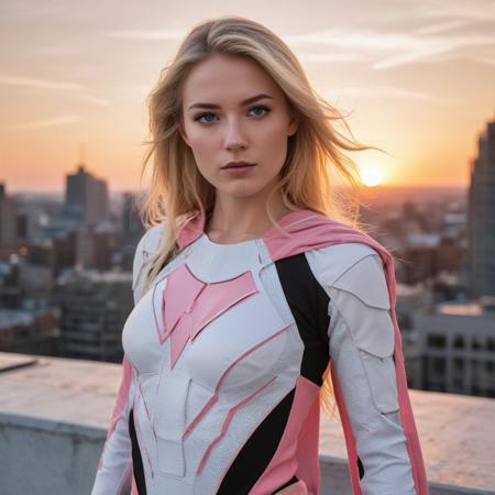 High res portrait photo of a female hi-tech sci-fi superhero on a city rooftop at sunset, 18 years old, long blonde hair, freckles, athletic, busty, ((white and pink outfit with black accents)), cute, eyeliner, f /2.8, Canon, 85mm,cinematic, high quality, skin texture, looking at the camera,