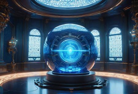 The blue secret room, by Stanley Artgerm Lau, WLOP, Rossdraws, James Jean, Andrei Riabovitchev, Marc Simonetti, krenz cushart, Sakimichan, trending on ArtStation, digital  blue secret room in the center of a room is a glowing crystal ball with a glowing sphere inside, inside the ball is a supercomputer with a central hub, in the center of the room is a mystical ancient alien portal, great glass window, great glass window, concept art, magic fantasy, scenic, deep focus, digital art, highly detailed, high quality, 8 k, soft lighting, intricate, elegant, sharp
