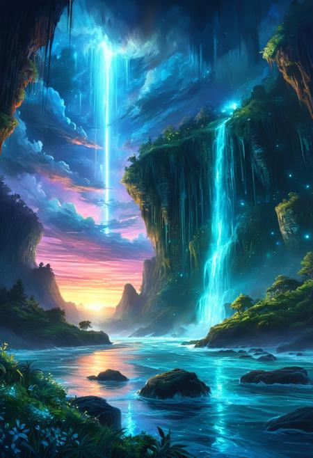 (by Ellen Jewett:1.5), (Bioluminescent Impressionism, alien mountain landscape ,(ultra high res:1.4), (masterpiece), (beautiful lighting:1.4) ,coastline greenery, coastal water, forest, cozy technologically advanced homes and cabins, spaceship flying overhead, moonlight illuminates the icy water,, anime, above water, beautiful sky with clouds, depth This enchanting artwork captures a dark but comforting night, , creating a cinematic experience., space_backround, illustration, cinematic
<lora:DonM3t3rn1tyXL-v1.1:0.7>, DonM3t3rn1tyXL,
OverallDetailXL  <lora:MJ52:0.3>  <lora:SDXLFaeTastic2400:0.4>  <lora:EpicF4nta5yXL:0.7>.  great beams of light shooting up into the sky,  sky sunset, sunrise ,waterfall, ethereal landscapes, depth of field, biotech emotion:1.3) <lora:xl_more_art-full_v1:0.5> <lora:add-detail-xl:1> <lora:RMSDXL_Creative:2>