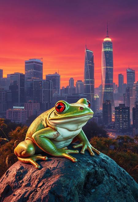 yfg-F@ce, YFG-Zaat, A neon-lit cityscape at dusk, a vibrant orange-pink sky blending into deep purples, contrasts with modern skyscrapers in shades of glass and steel. A large frog sits perched on a rock in the foreground, its skin a mottled green-brown that blends seamlessly with the urban foliage, while its bright red eyes gleam like tiny rubies in the fading light. The frog's slender legs are folded beneath it, as if in quiet contemplation of the cityscape unfolding before it. In the distance, towering skyscrapers stretch towards the sky, their reflective surfaces glinting softly with a warm, golden light that casts no shadows, only subtle gradations of tone and texture.