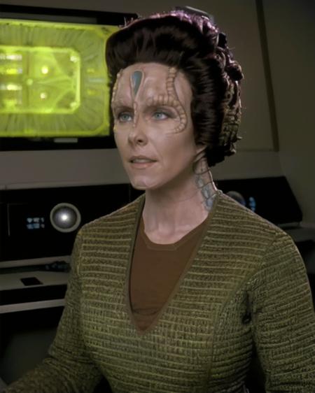 cardassian, female, dejar, grey skin, reptile scales on sides of neck, rolled up updo hair, wearing moss green and brown tunic dress, medium shot, front view, (in a top secret spy surveillance room:1.2), cinematic, dramatic lighting, jessica hendra, <lora:cardassian_lora_v2:0.7>