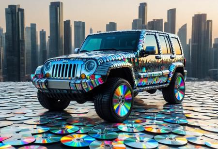a jeep made out cd's, made of cd's, city background, astonishing, 4k, highly detailed