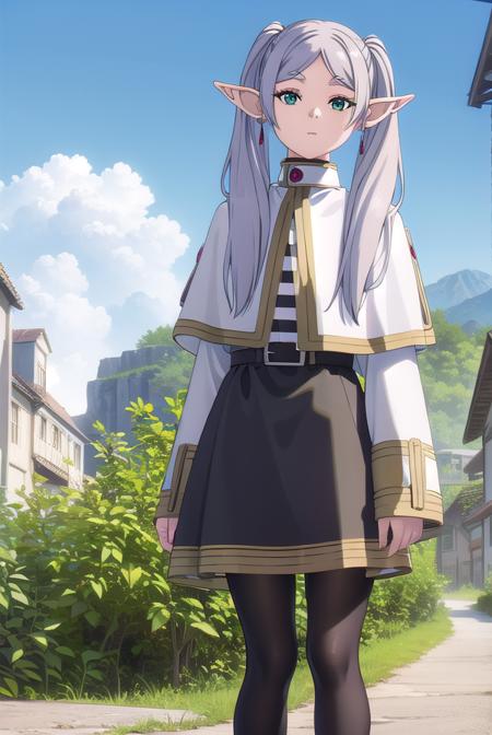 frieren, <lora:frieren-lora-nochekaiser:1>,
frieren, long hair, twintails, (green eyes:1.5), grey hair, pointy ears, elf,
BREAK shirt, long sleeves, jewelry, pantyhose, earrings, striped, black pantyhose, capelet, striped shirt,
BREAK looking at viewer, upper body, (full body:1.2),
BREAK outdoors, sky, nature,
BREAK <lyco:GoodHands-beta2:1>, (masterpiece:1.2), best quality, high resolution, unity 8k wallpaper, (illustration:0.8), (beautiful detailed eyes:1.6), extremely detailed face, perfect lighting, extremely detailed CG, (perfect hands, perfect anatomy),