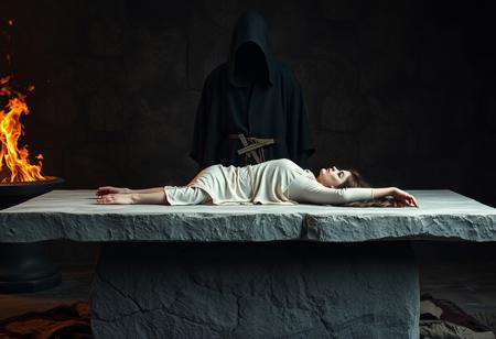 Medieval, fire and brimstone. A large stone slab table. A woman lays across the table  facing up on the stone table. A creepy dark hooded figure standing behind the table front facing.