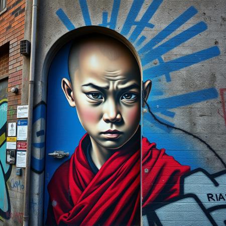 End of a building, 
mural, hyper-realistic portrait, young monk, red clothing, blue streaked background, expressive gaze, graffiti tags, urban culture, vibrant colors, textured composition, emotional depth, photorealism, street art, detailed shading, artistic contrast,
graffiti, mural, hyper-realistic, vibrant colors, bold letterforms, 3D design, urban art, intricate details, vivid gradients, sharp highlights, contrasting shadows, abstract influences, electric palette, sculptural effect