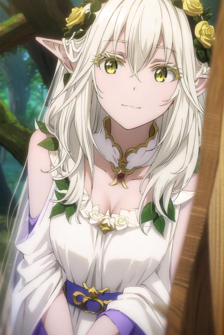 forestprincess, <lora:forest princess s2-lora-nochekaiser:1>,
forest princess, long hair, hair ornament, hair between eyes, (yellow eyes:1.3), white hair, flowers, pointy ears, hair flower, rose, hair intakes, elf, smile,
BREAK dress, collarbone, white dress,
BREAK outdoors, trees, forest, sky, grass, clouds,
BREAK looking at viewer, (cowboy shot:1.5),
BREAK <lyco:GoodHands-beta2:1>, (masterpiece:1.2), best quality, high resolution, unity 8k wallpaper, (illustration:0.8), (beautiful detailed eyes:1.6), extremely detailed face, perfect lighting, extremely detailed CG, (perfect hands, perfect anatomy),