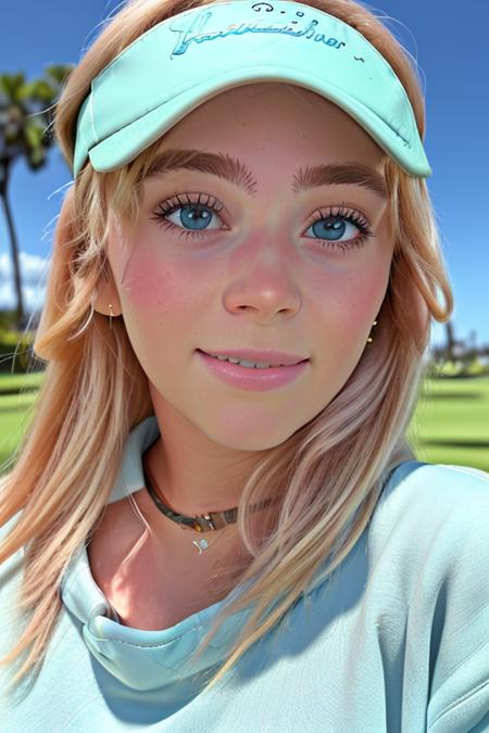 a beautiful young blonde woman in a pastel blue sweatshirt, on a golf course paradise, (upper body, close up), [smiling], candid, amateur, (raw, 8k, uhd, fujifilm xt3), sharp focus, [natural skin, highly detailed face], <lora:graceCharis:1>