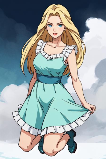 masterpiece, best quality, 1girl, solo, full body, 
ANIME_lolita_prideaux_ownwaifu, www.ownwaifu.com, 
blonde hair, long hair, blue eyes, collarbone, makeup, eyelashes, lips, red lips, very long hair, lipstick, 
aqua dress, dress, frills, sleeveless, frilled dress, 
<lora:ANIME_lolita_prideaux_ownwaifu-15:0.5>   
portrait, mountain, fog,