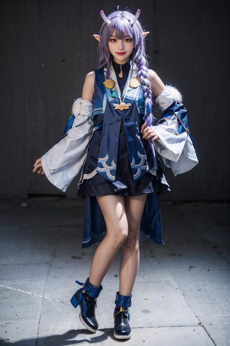 best quality, quality, masterpiece, photorealistic, 1girl, solo, looking at viewer, smile, full body, standing, bailu cosplay costume, cosplay,detached sleeves, dragon horns, cosplay shoes, simple background, <lora:bailu_cosplay_costume_v1:0.7>