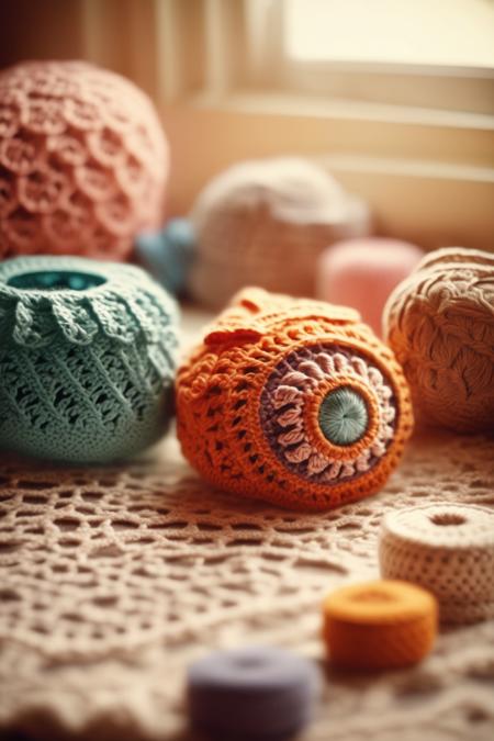 <lora:CROCHETED:1>CROCHETED - Showcase a close-up of crochet work in progress using a macro lens under a warm afternoon light, using a vintage film style to evoke a feeling of nostalgia and the comfort of home