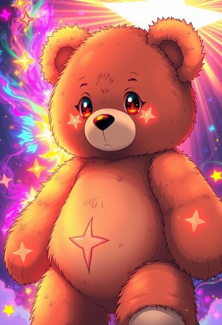 A striking, anime-style teddy bear stands tall, his piercing gaze intensified The left side of the image is ablaze with a radiant, five-pointed starlight, as if the very essence of the cosmos has been distilled into his being. A colorful show of magic ignites, bursting into a kaleidoscope of colors that swirl and dance in a mesmerizing display. The stars seem to pulse with an extraordinary power, as if he is drawing energy from the very fabric of the universe. Every detail of the scene is meticulously rendered, from the intricate, swirling patterns of the magic to the tiny, shimmering sparks that seem to dance around his being. The overall effect is one of breathtaking, celestial wonder, as if this anime male has harnessed the very essence of the stars within his being. highest-Quality, intricate details, visually stunning, Masterpiece