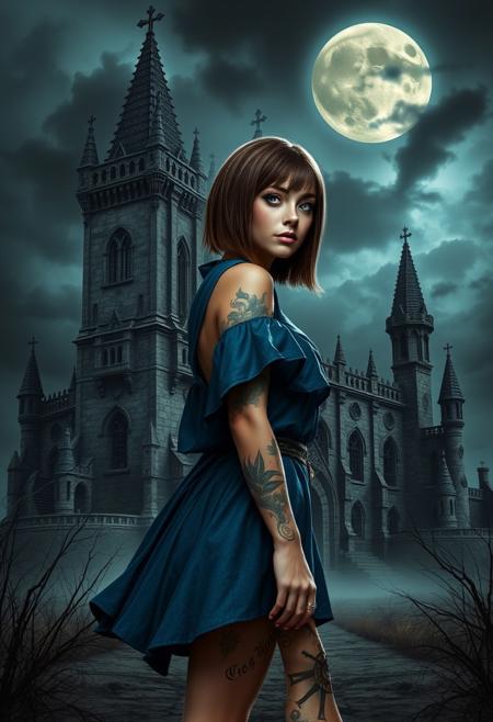 Digital fantasy artwork depicting a woman with fair skin and short, straight, brown hair, she has blue eyes and is wearing heavy makeup, including dark eyeshadow, eyeliner, and pink blush, wearing a short blue tunic revealing mystical tattoos on her arms and legs. She is walking away from a towering, intricately designed gothic castle is set against a dark, stormy sky with a full moon. The castle has a weathered, ancient appearance, giving it a mystical and eerie ambiance. The structure is surrounded by a barren, desolate landscape. The overall mood is dark