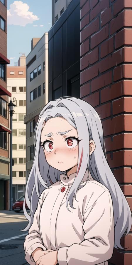 1girl, Silver hair, red eyes with white highlights, concerned expression, eyebrows slightly furrowed, visible eyelashes, faint blush on cheeks, <lora:Eri_-_Boku_no_Hero_Academia:1>, (child:1.1), outdoors, city, buildings,