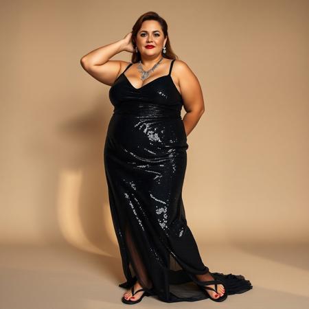 masterpiece portrait of full-body shot of a confident chubby woman::1.4, fashion editorial style::1.2, hyperrealistic photography art::1.1,
(physical description: mature curvy figure with fair skin, soft arms, and poised stance, hands placed behind head:1.1),
(facial features, expression: bold red lips, strong cheekbones, calm confident gaze toward camera:1.0),
(clothing details: floor-length shimmering black sequin gown with spaghetti straps, sheer overlay at hem:1.0),
(accessories: layered silver statement necklace, black minimalist flip-flop sandals showing perfectly pedicured toes:0.9),
(background setting: minimalist neutral studio backdrop, subtle shadows cast on wall and floor:0.9),
(lighting style: bright softbox light from front, faint side shadows creating depth:0.8),
(composition and camera framing: centered full-body portrait, slight low angle to enhance height:1.0),
(emotional tone or theme: empowerment, elegance, quiet confidence:0.9),
(technical execution: crisp focus on sequins’ reflective texture, realistic skin tones, smooth gradient background:0.8)