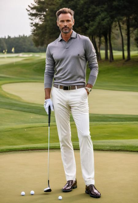 raw photo, full body, beautiful man, 40 years old,  Classic Fashion, plays golf, luxurious outfit